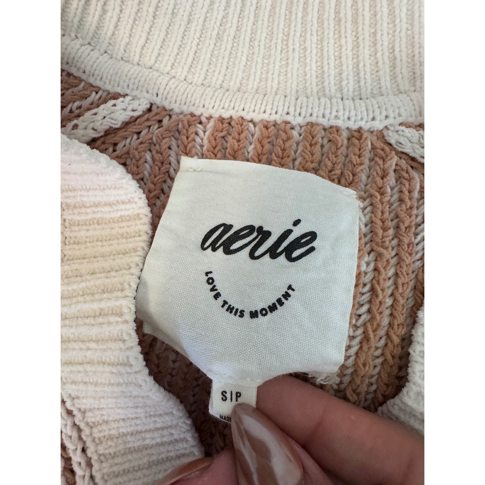 Aerie Tan Cream Striped Ribbed Knit Polo Sweater V-Neck Raglan Long Sleeve S m3 - Picture 5 of 7